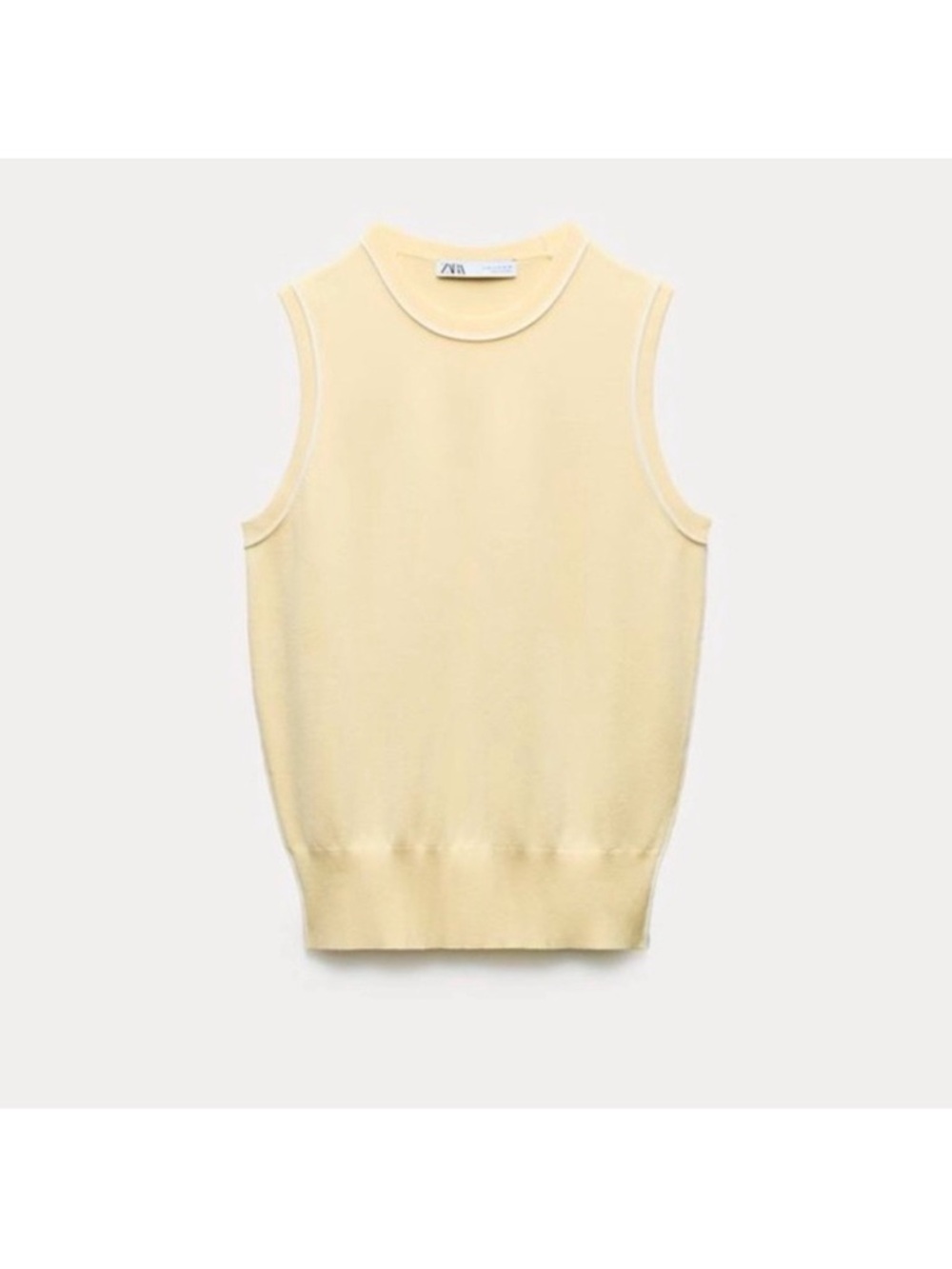 Zara Pale Yellow Sleeveless Knit Top with White Trim